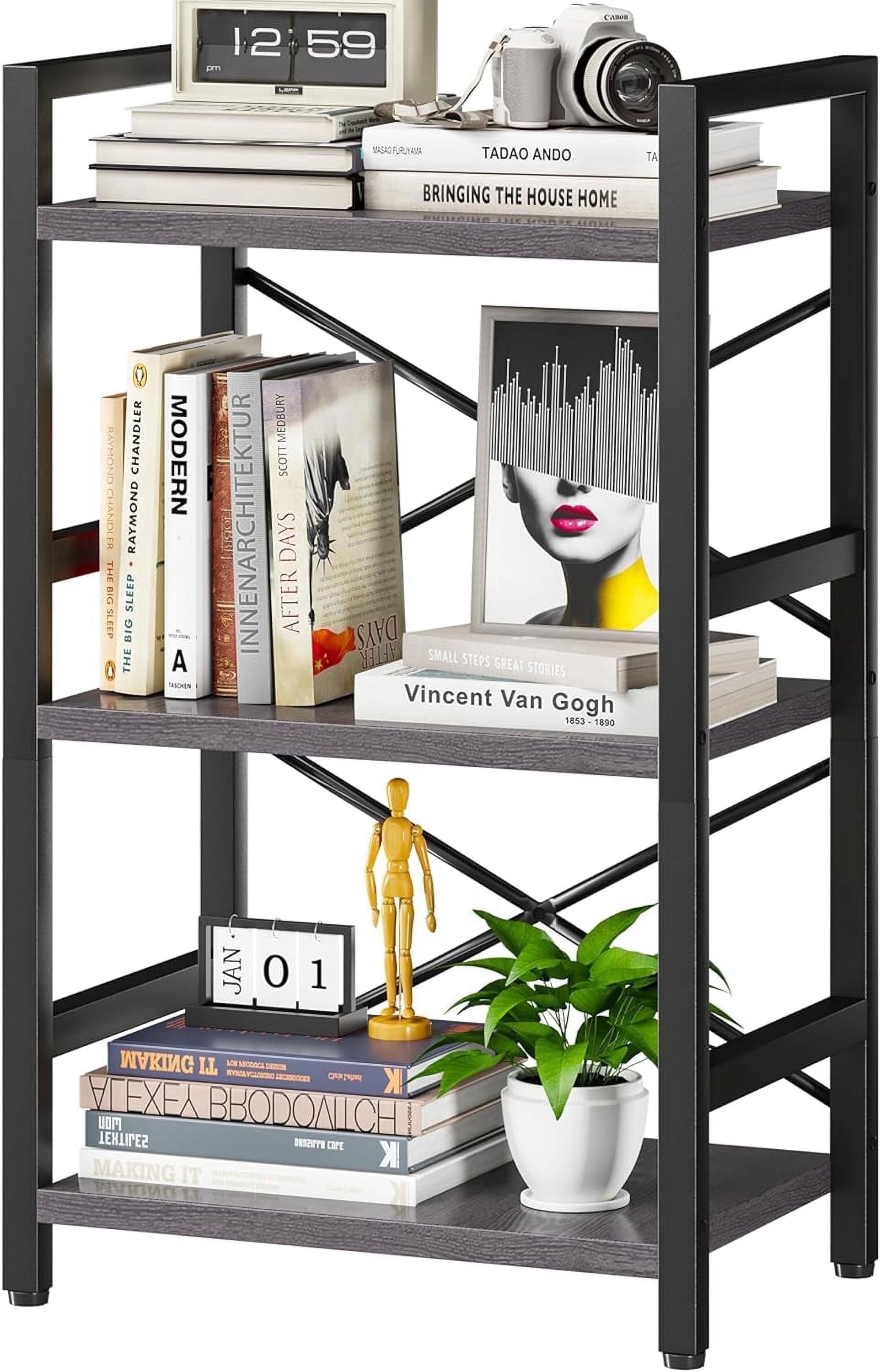 Bookshelf, 3 Tier Industrial Bookcase, Metal Small Bookcase, Rustic Etagere Book Shelf Storage Organizer for Living Room, Bedroom, and Home Office(Grey)
