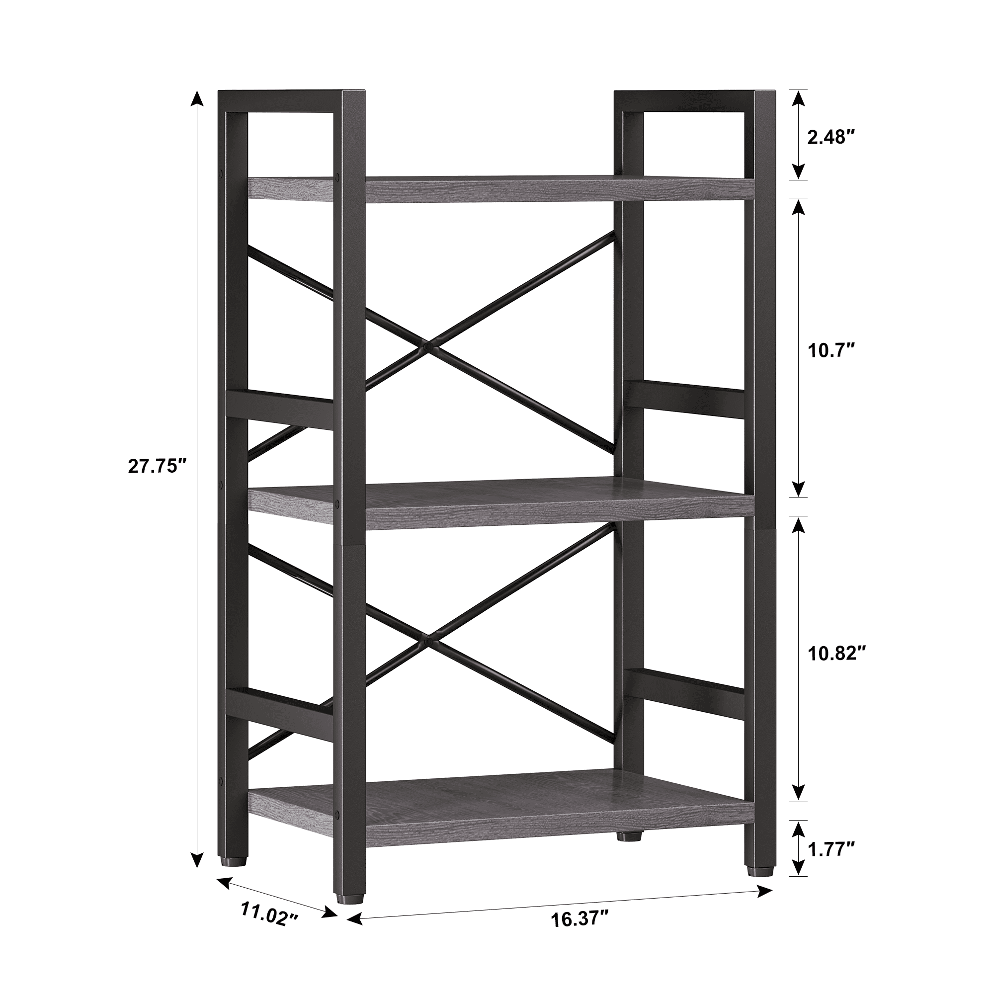 Bookshelf, 3 Tier Industrial Bookcase, Metal Small Bookcase, Rustic Etagere Book Shelf Storage Organizer for Living Room, Bedroom, and Home Office(Grey)