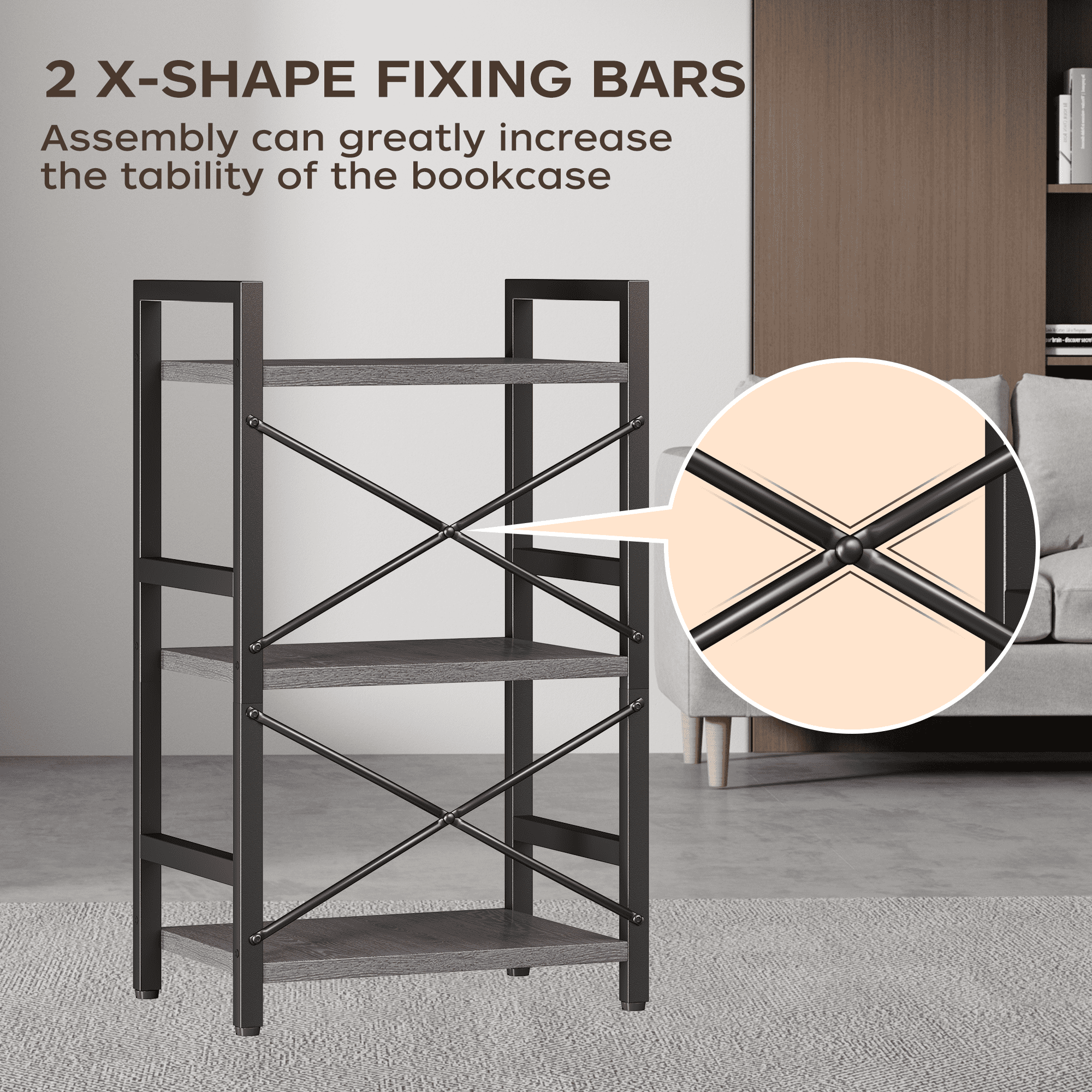 Bookshelf, 3 Tier Industrial Bookcase, Metal Small Bookcase, Rustic Etagere Book Shelf Storage Organizer for Living Room, Bedroom, and Home Office(Grey)