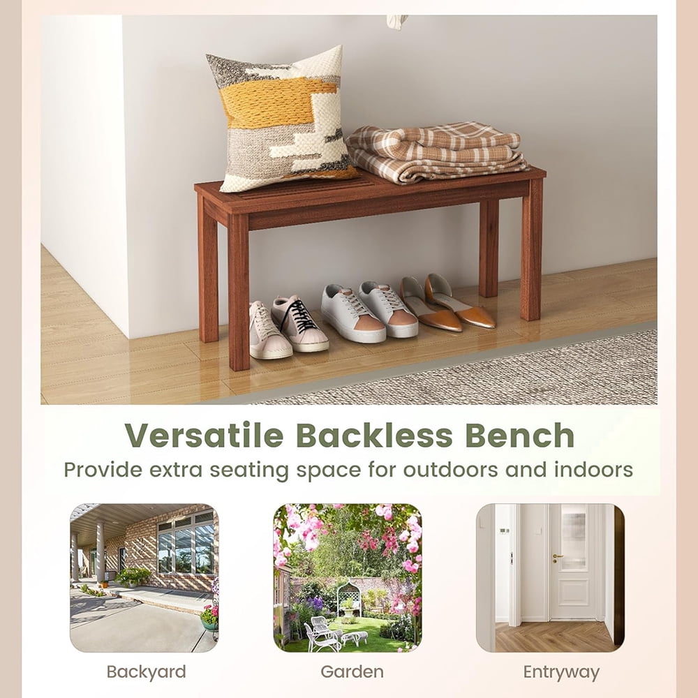 Outdoor Backless Bench, 2-Seater Rustic Wood Bench, Versatile Dining Bench with Breathable Slatted Seat for Dorm, Balcony, Entryway, Garden