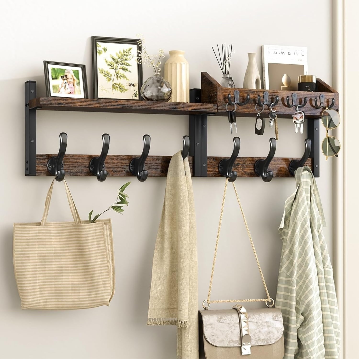 29" Wall-Mounted Coat Rack with Shelves, 4-in-1 Coat and Key Hook, 11 Metal Hooks, Brown