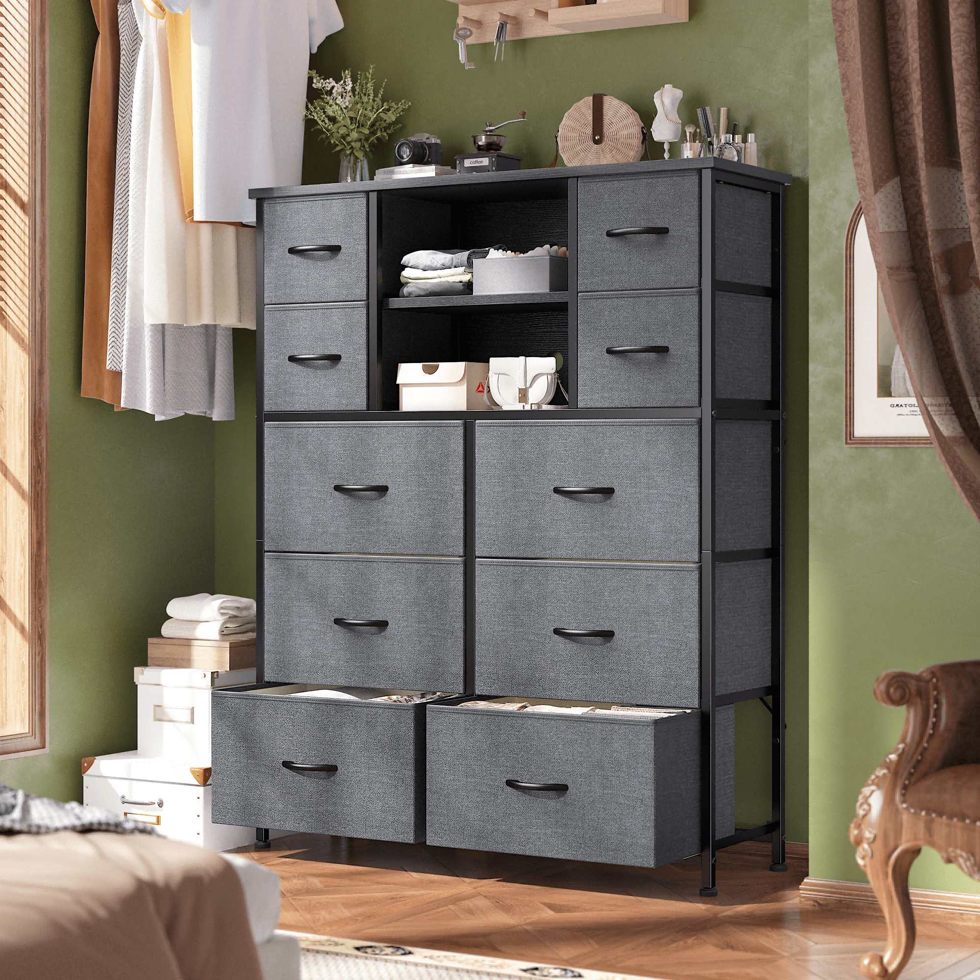 EnHomee Tall Dresser with Cabinet and Ten Drawers, Gray, 48"*38"
