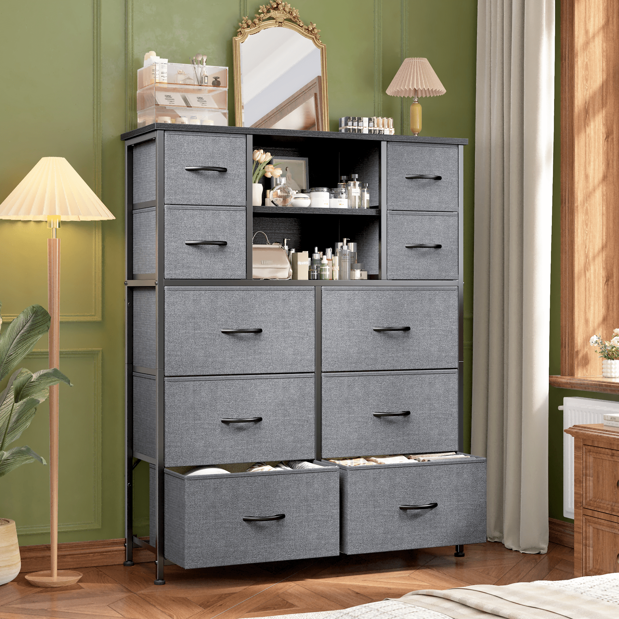 EnHomee Tall Dresser with Cabinet and Ten Drawers, Gray, 48"*38"