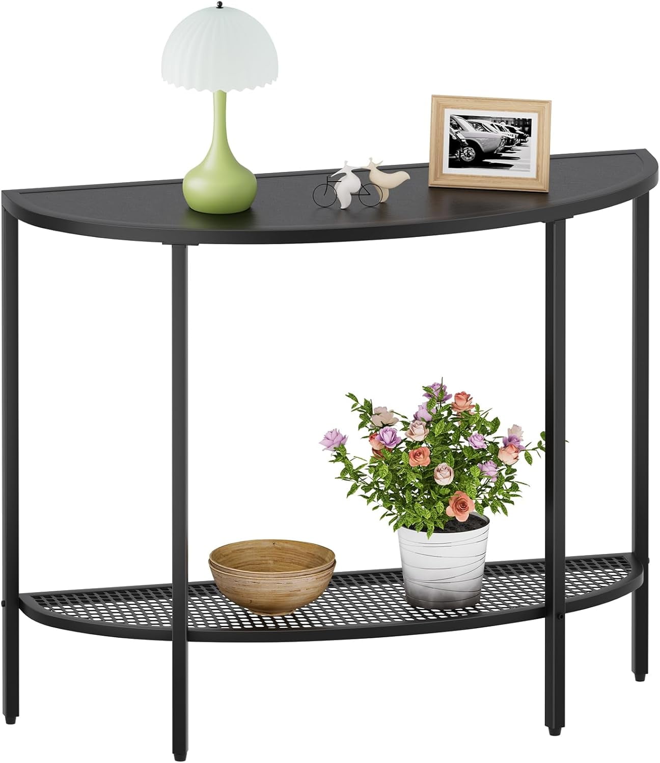 Black Half Moon Console Table 2 Tier Narrow Entryway Table with Storage Modern Couch Table Small Entry Way Tables, Easy Assembly, All Black