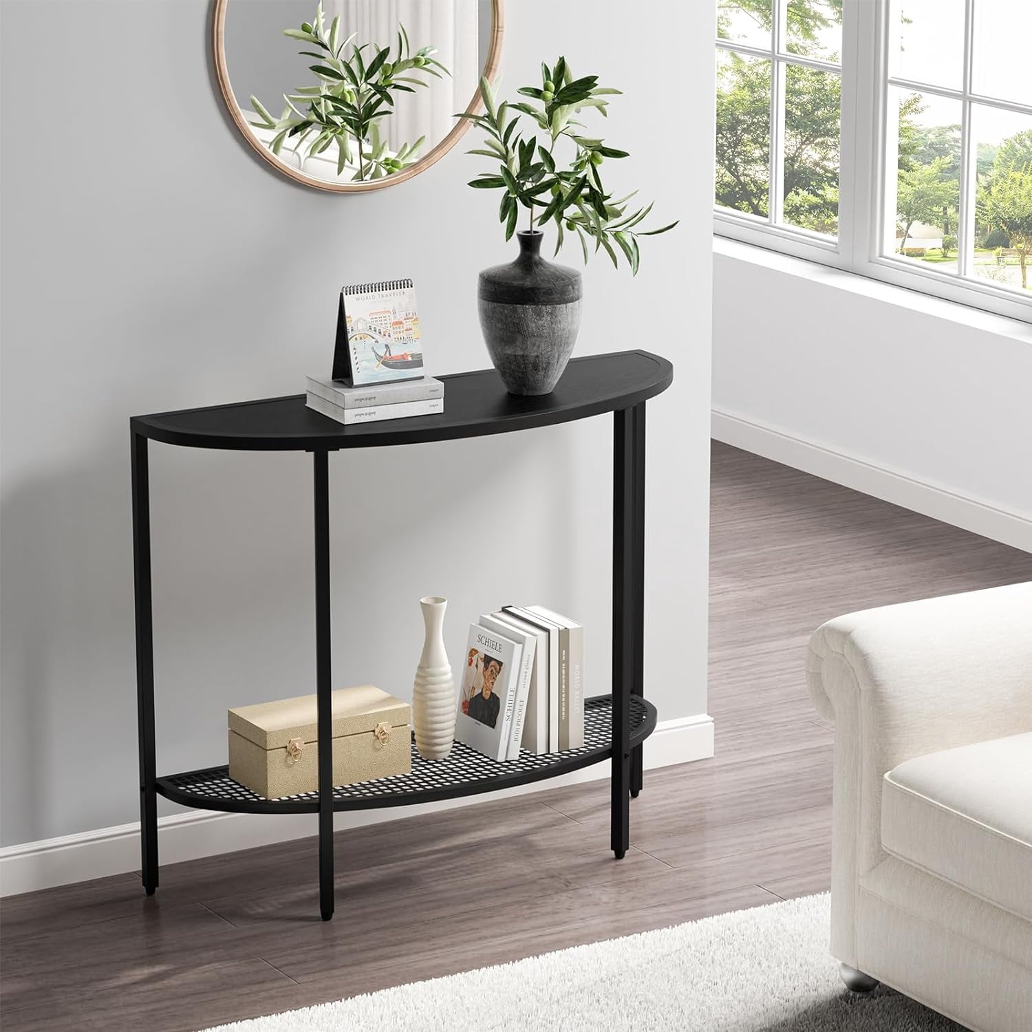 Black Half Moon Console Table 2 Tier Narrow Entryway Table with Storage Modern Couch Table Small Entry Way Tables, Easy Assembly, All Black