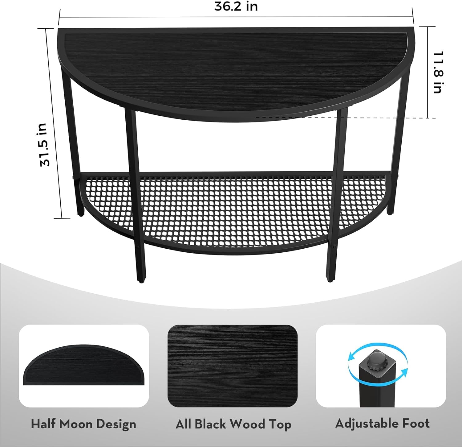 Black Half Moon Console Table 2 Tier Narrow Entryway Table with Storage Modern Couch Table Small Entry Way Tables, Easy Assembly, All Black