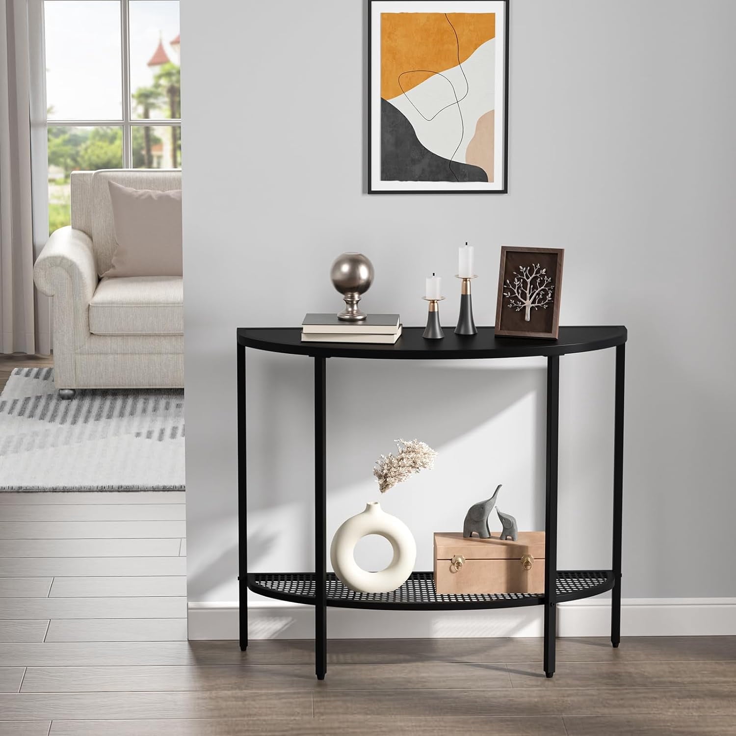 Black Half Moon Console Table 2 Tier Narrow Entryway Table with Storage Modern Couch Table Small Entry Way Tables, Easy Assembly, All Black