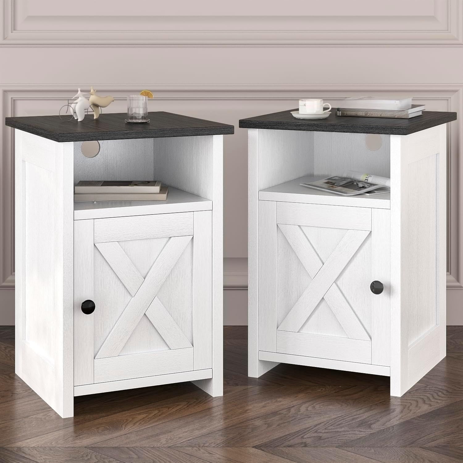 Set of 2 rustic-style side tables, suitable for living room, bedroom, entryway, or office; white.