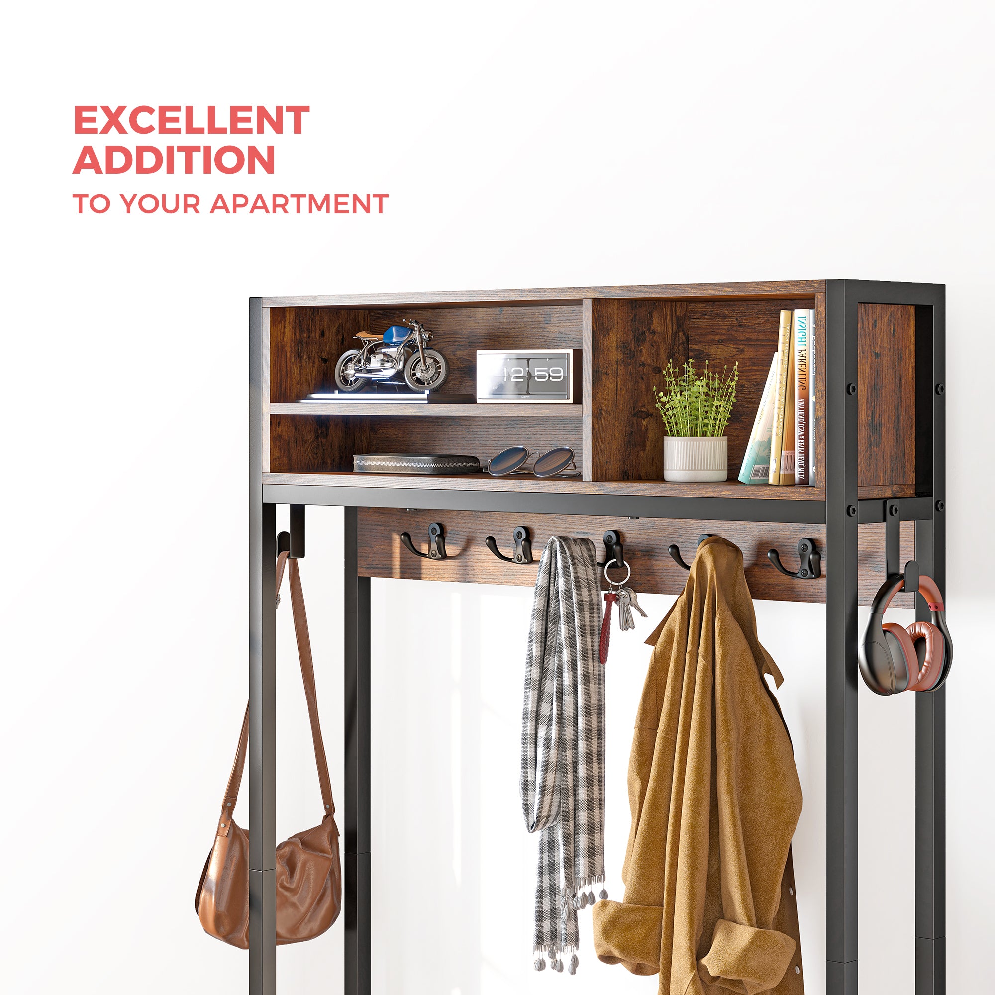 Hall Tree, Coat Rack Freestanding, Coat Rack with Storage, Entryway Bench with Shoe Storage, Hall Tree with 12 Hooks and 3 Drawers for Hanging Clothes and Storage