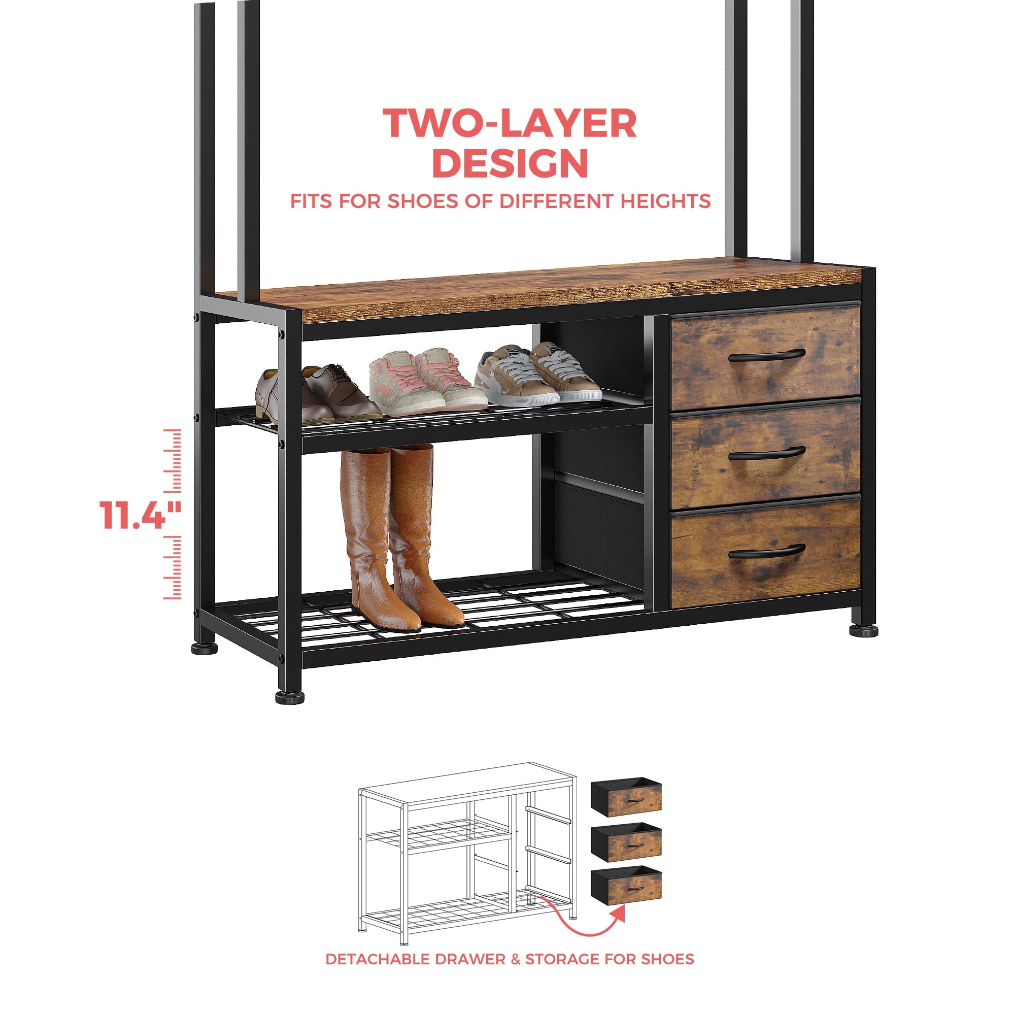 Hall Tree, Coat Rack Freestanding, Coat Rack with Storage, Entryway Bench with Shoe Storage, Hall Tree with 12 Hooks and 3 Drawers for Hanging Clothes and Storage