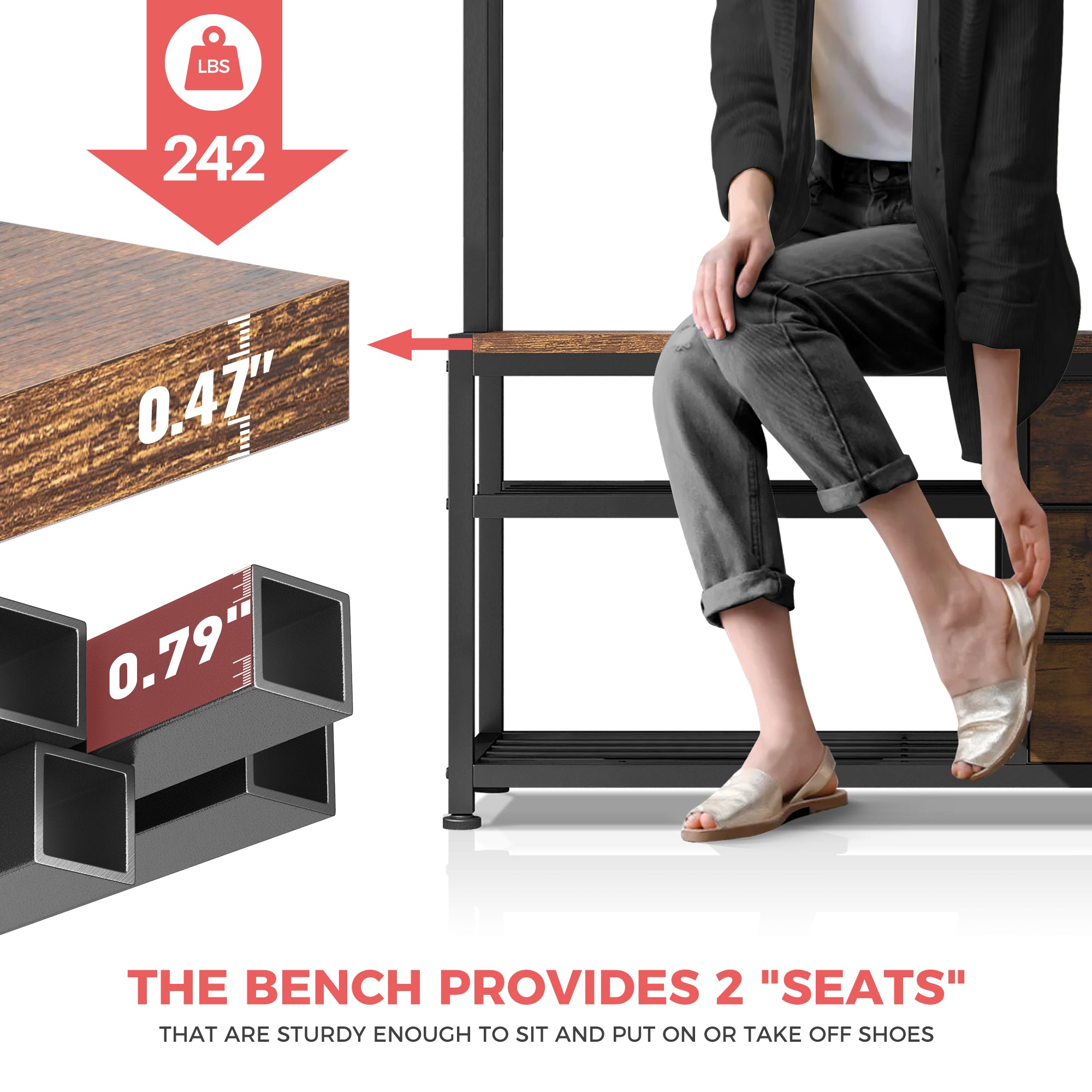 Hall Tree, Coat Rack Freestanding, Coat Rack with Storage, Entryway Bench with Shoe Storage, Hall Tree with 12 Hooks and 3 Drawers for Hanging Clothes and Storage