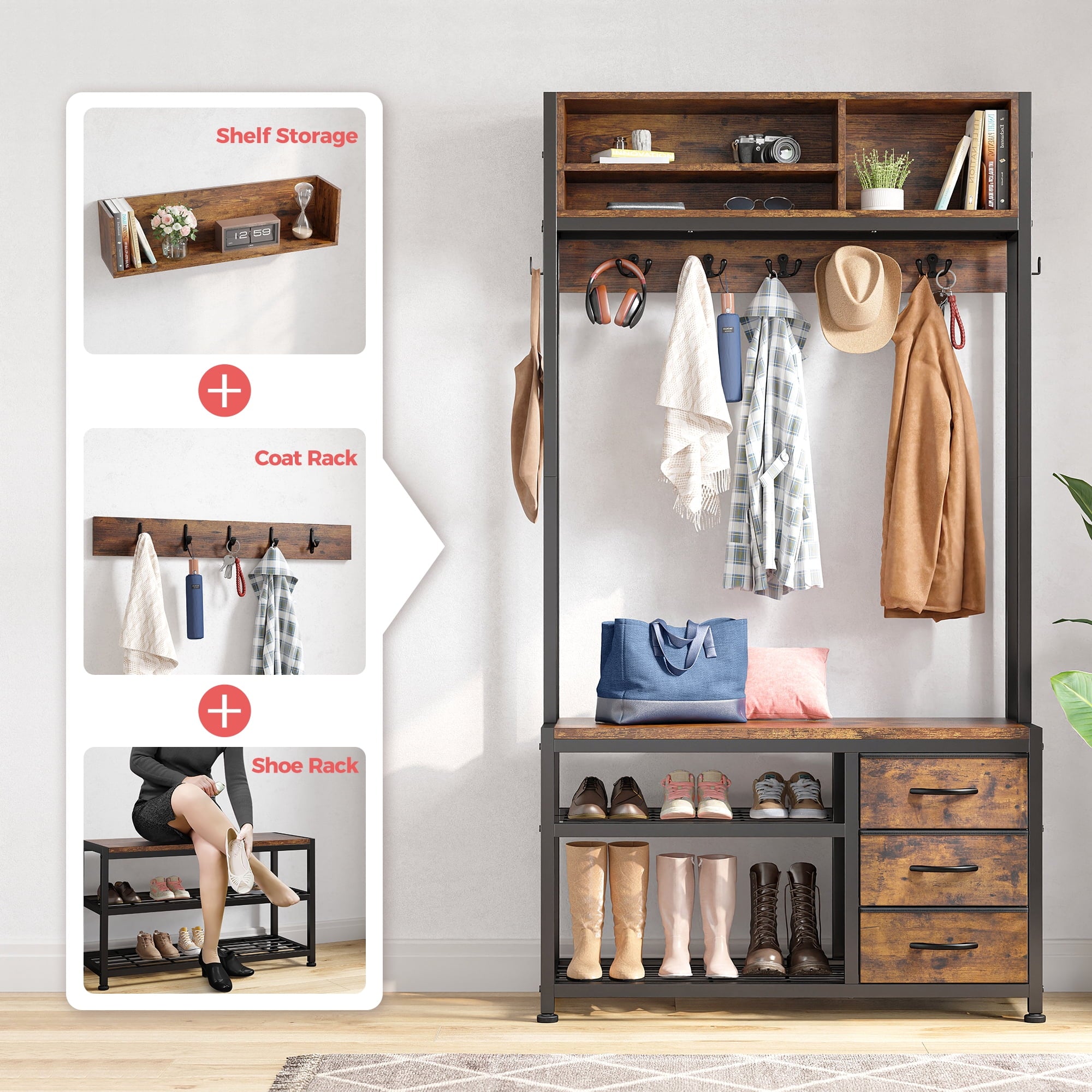 Hall Tree, Coat Rack Freestanding, Coat Rack with Storage, Entryway Bench with Shoe Storage, Hall Tree with 12 Hooks and 3 Drawers for Hanging Clothes and Storage
