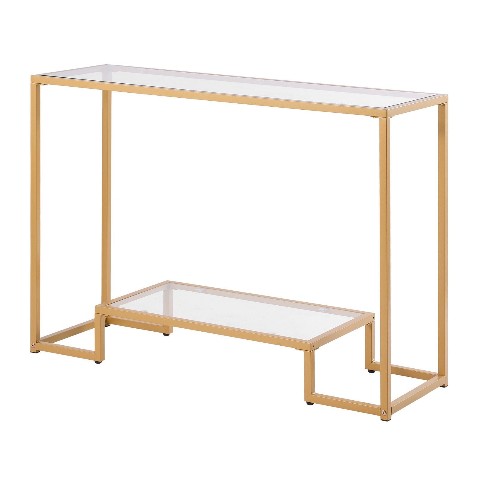 Glass Console Table, 2-Tier Sofa Side Table - Modern Golden Metal Frame with Tempered Glass Top &amp; Anti-Tip Kit - Entryway, Living Room, Hallway