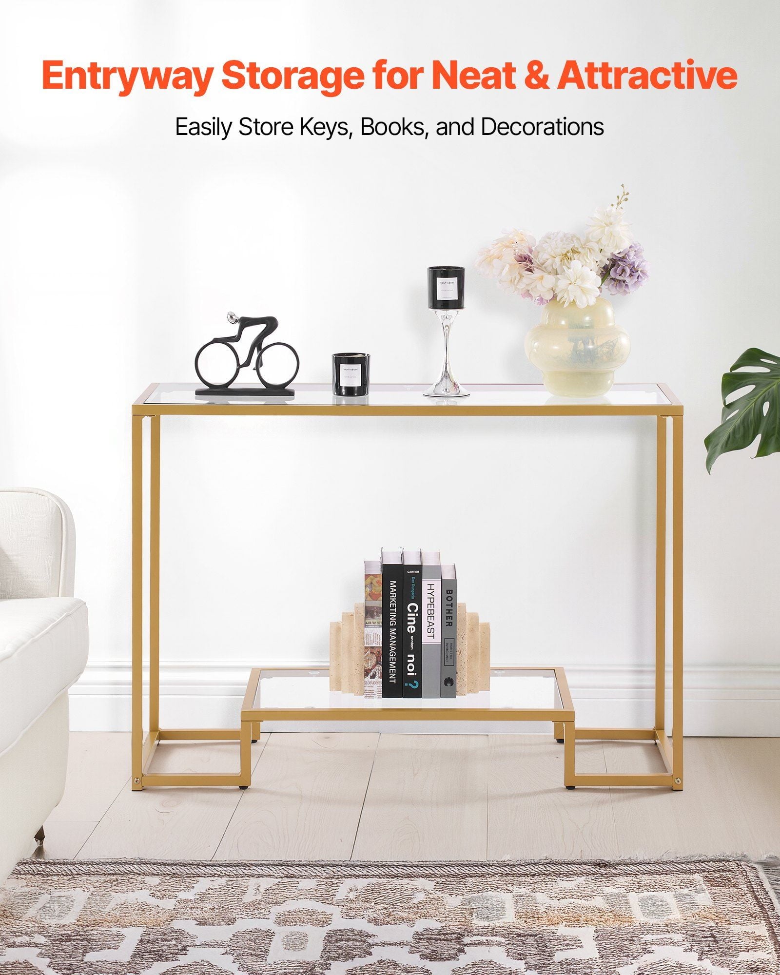 Glass Console Table, 2-Tier Sofa Side Table - Modern Golden Metal Frame with Tempered Glass Top &amp; Anti-Tip Kit - Entryway, Living Room, Hallway