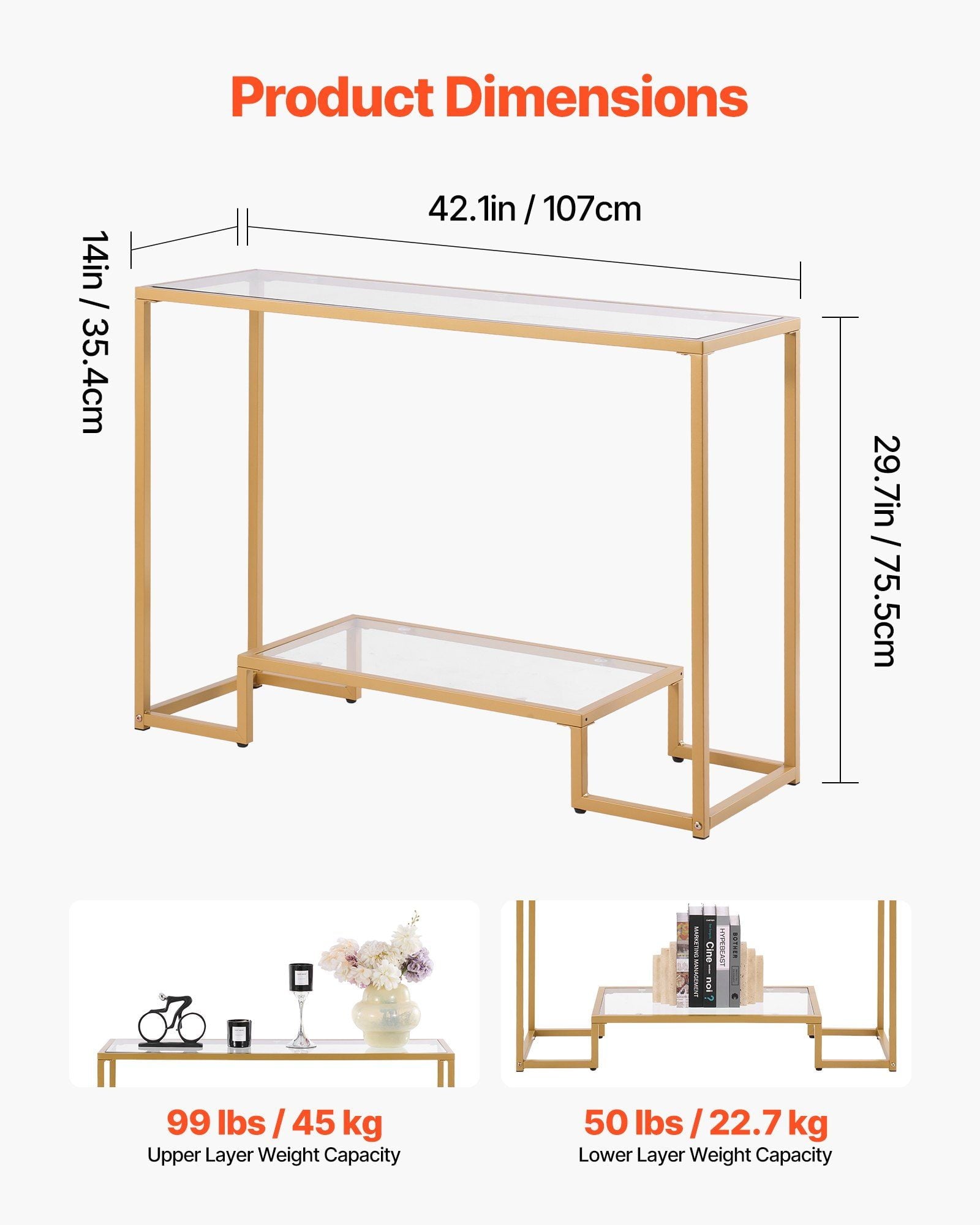 Glass Console Table, 2-Tier Sofa Side Table - Modern Golden Metal Frame with Tempered Glass Top &amp; Anti-Tip Kit - Entryway, Living Room, Hallway