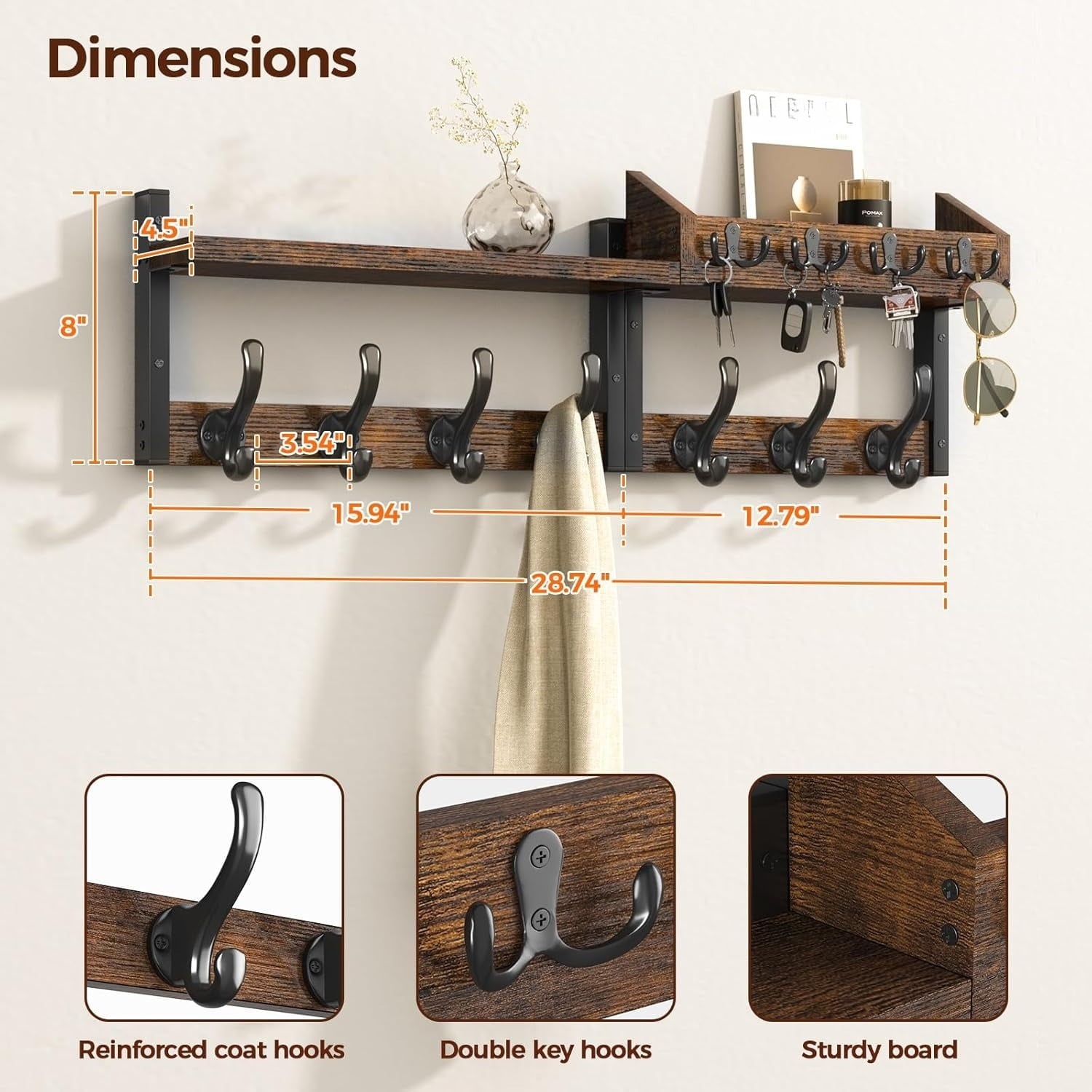 29" Wall-Mounted Coat Rack with Shelves, 4-in-1 Coat and Key Hook, 11 Metal Hooks, Brown