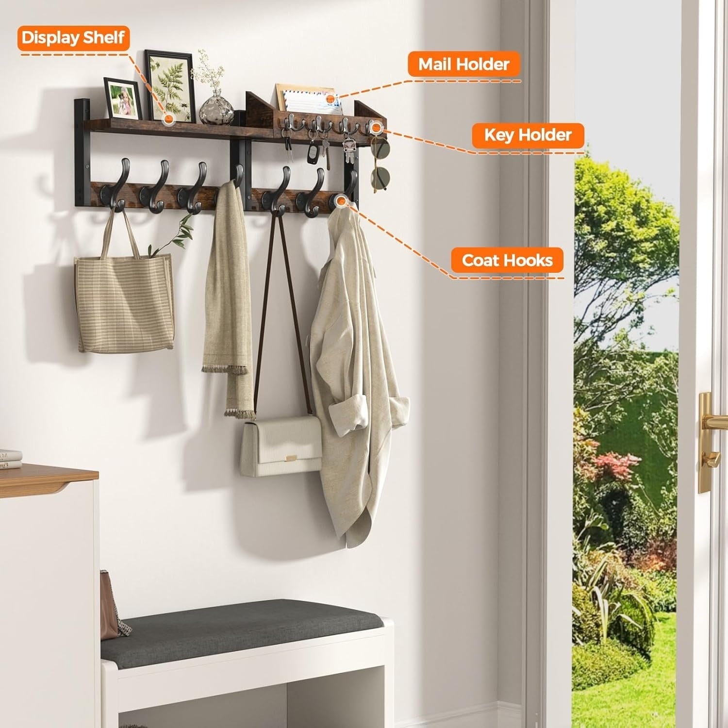 29" Wall-Mounted Coat Rack with Shelves, 4-in-1 Coat and Key Hook, 11 Metal Hooks, Brown
