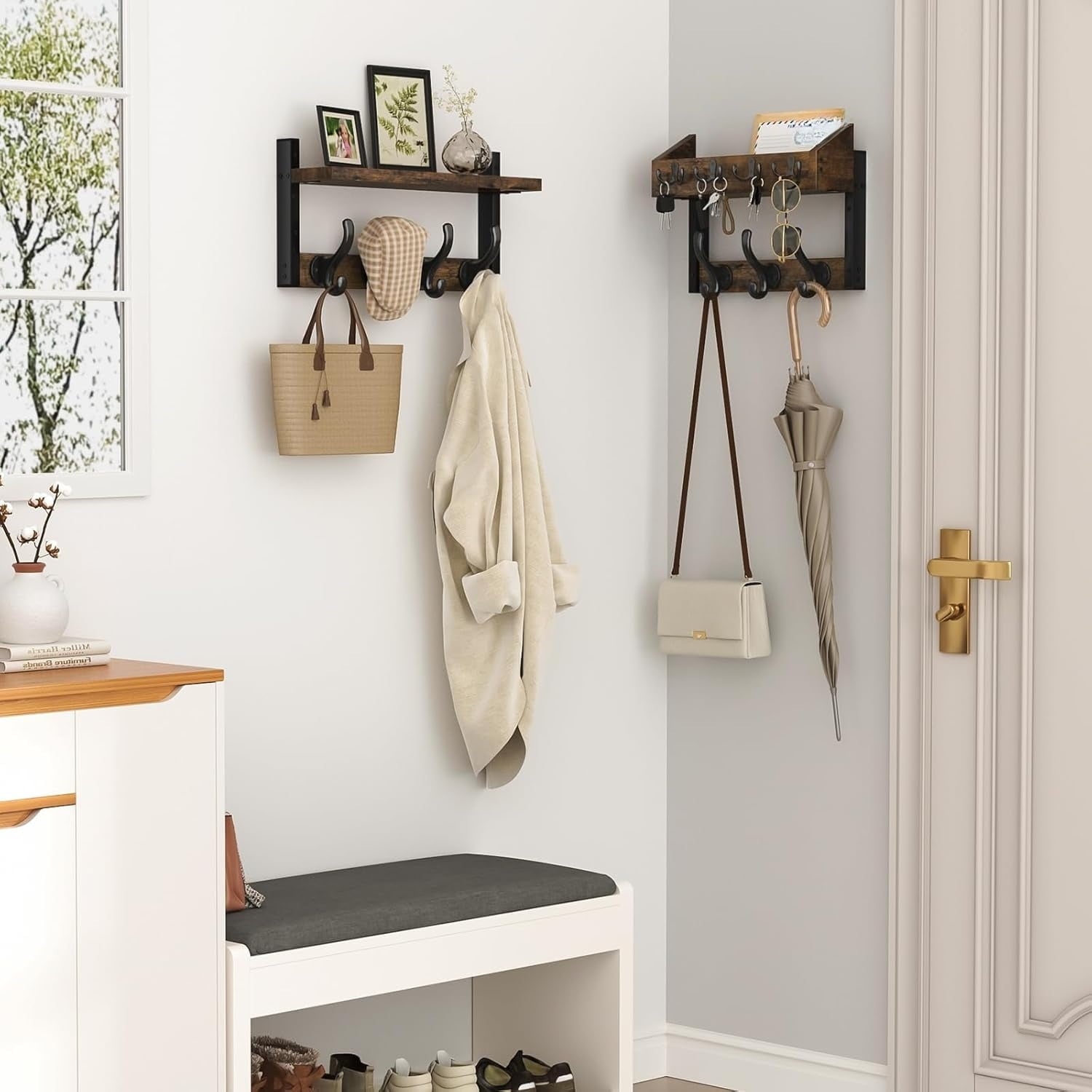29" Wall-Mounted Coat Rack with Shelves, 4-in-1 Coat and Key Hook, 11 Metal Hooks, Brown