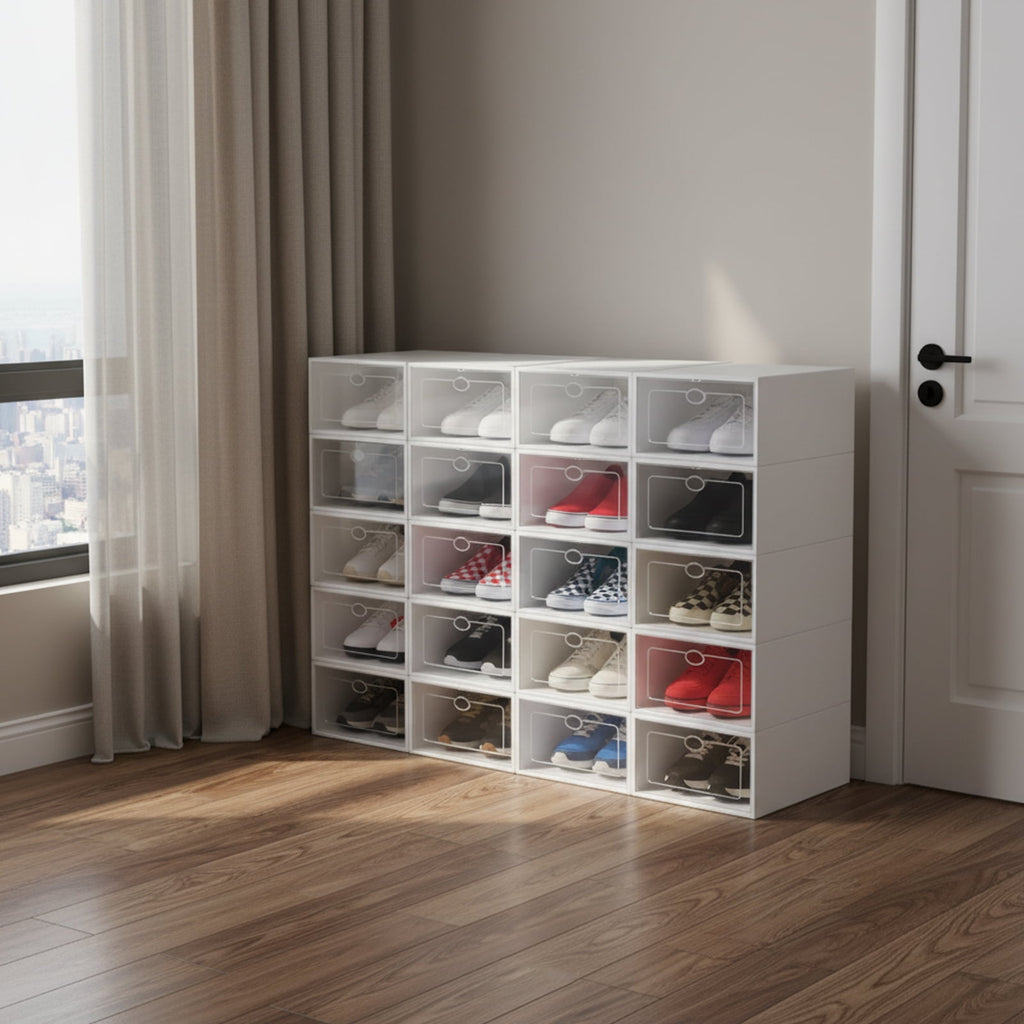 20-Pack Stackable Foldable Shoe Storage Boxes with Clear Front, Ventilated Plastic Shoe Organizer for Closet, Space-Saving Design – White
