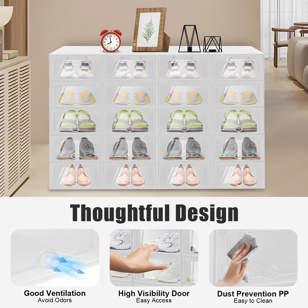 20-Pack Stackable Foldable Shoe Storage Boxes with Clear Front, Ventilated Plastic Shoe Organizer for Closet, Space-Saving Design – White