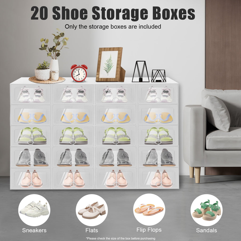 20-Pack Stackable Foldable Shoe Storage Boxes with Clear Front, Ventilated Plastic Shoe Organizer for Closet, Space-Saving Design – White