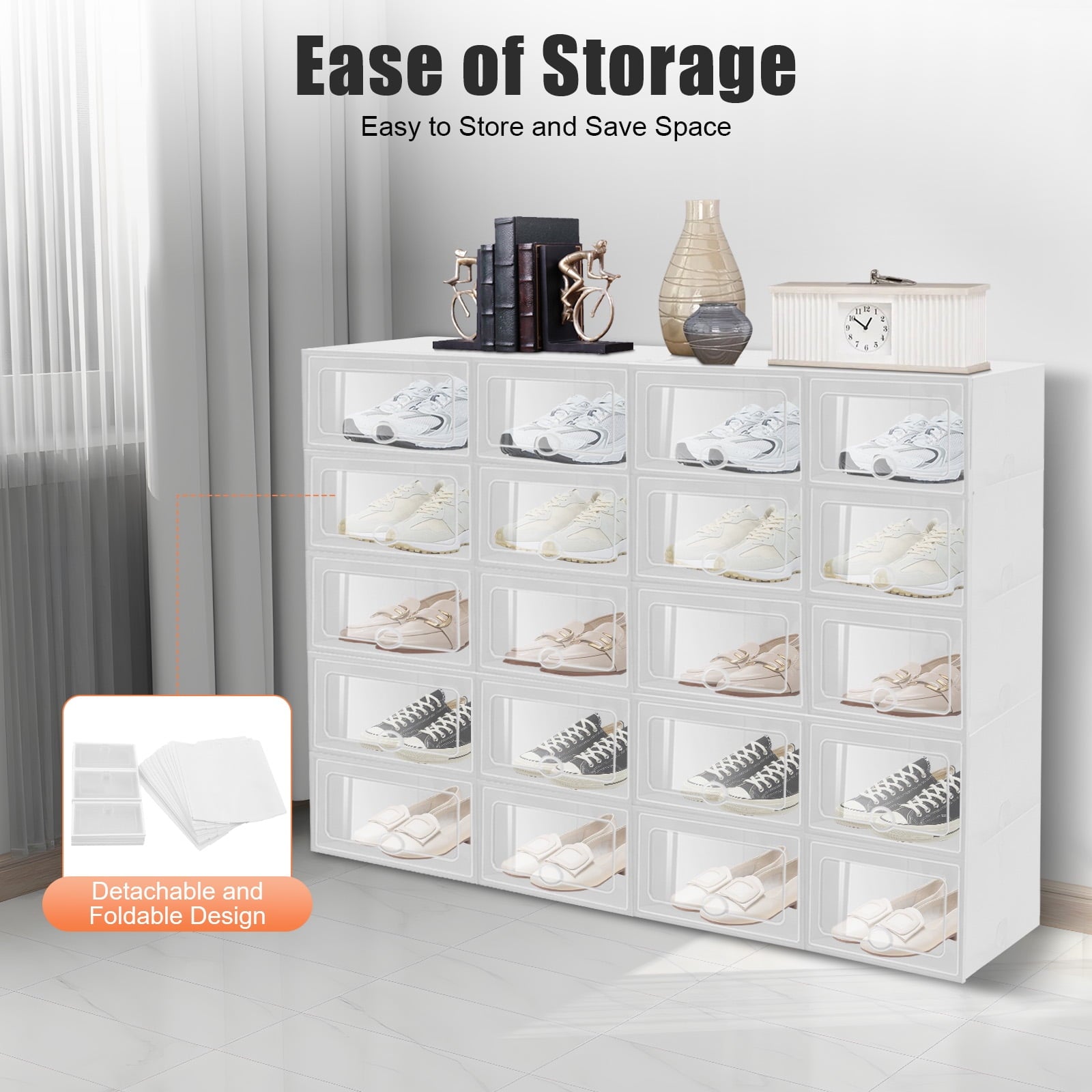 20-Pack Stackable Foldable Shoe Storage Boxes with Clear Front, Ventilated Plastic Shoe Organizer for Closet, Space-Saving Design – White