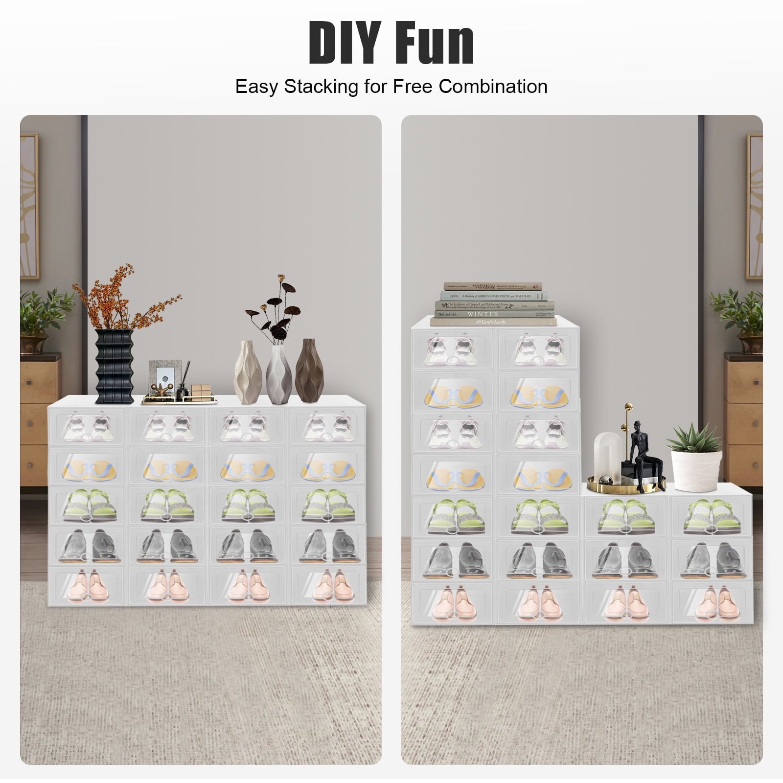 20-Pack Stackable Foldable Shoe Storage Boxes with Clear Front, Ventilated Plastic Shoe Organizer for Closet, Space-Saving Design – White