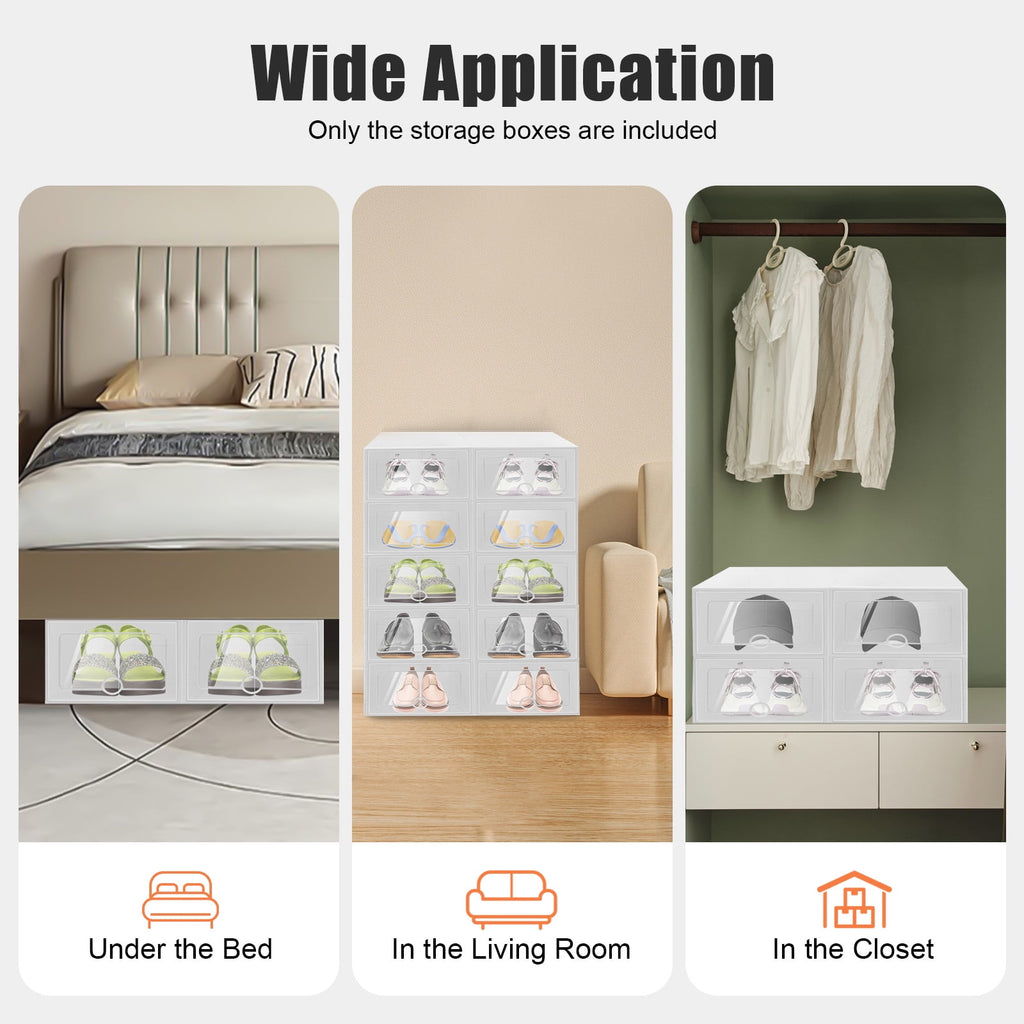 20-Pack Stackable Foldable Shoe Storage Boxes with Clear Front, Ventilated Plastic Shoe Organizer for Closet, Space-Saving Design – White