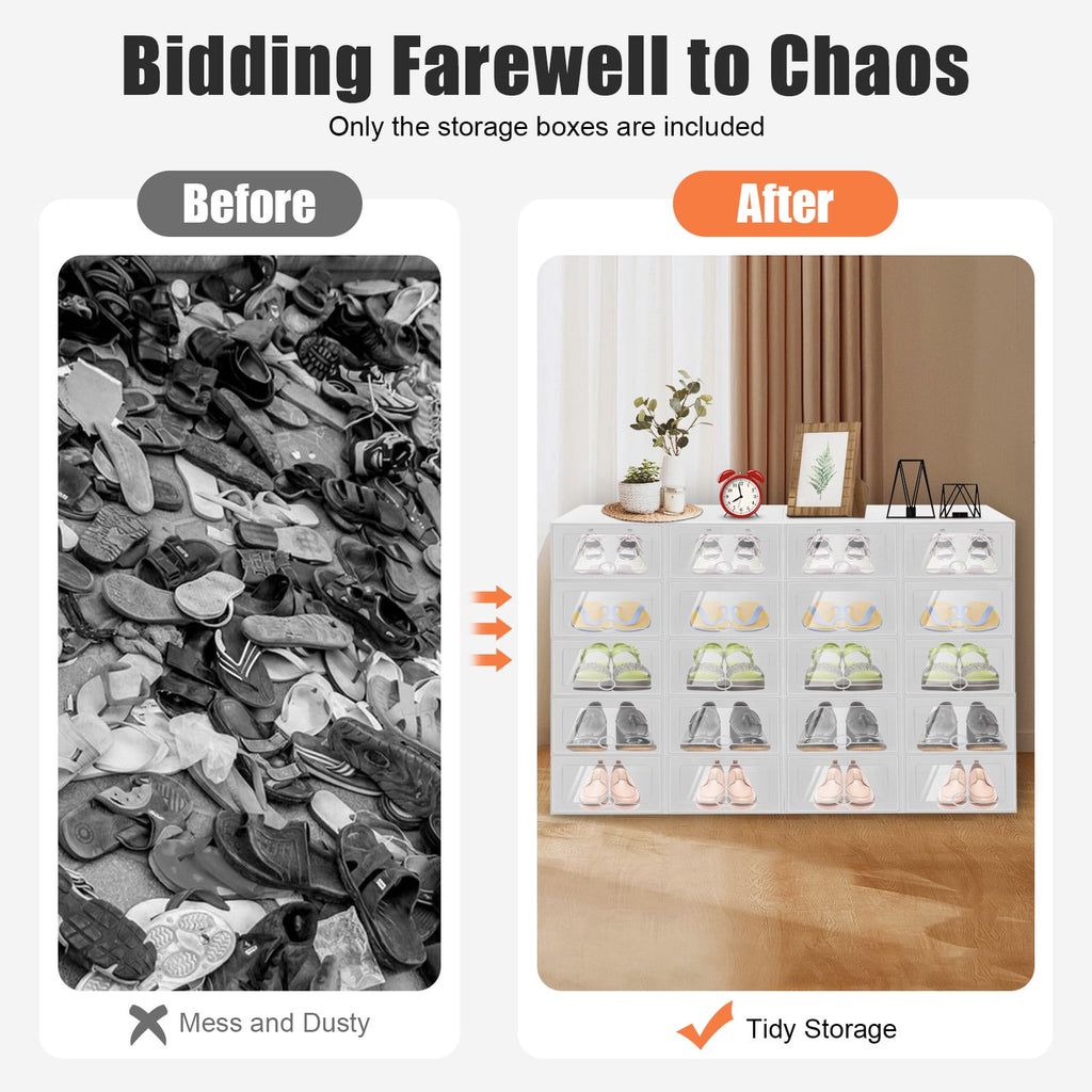 20-Pack Stackable Foldable Shoe Storage Boxes with Clear Front, Ventilated Plastic Shoe Organizer for Closet, Space-Saving Design – White