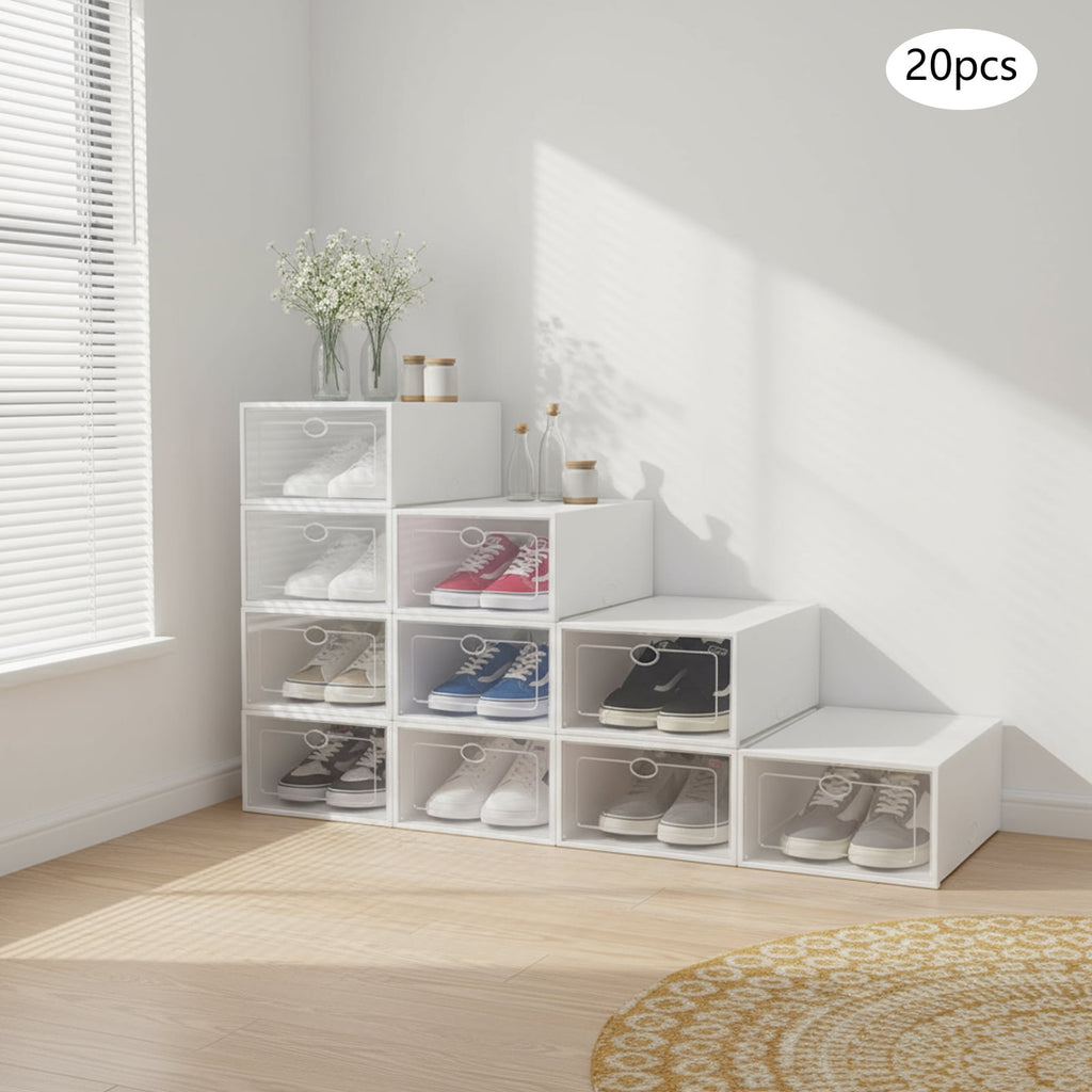 20-Pack Stackable Foldable Shoe Storage Boxes with Clear Front, Ventilated Plastic Shoe Organizer for Closet, Space-Saving Design – White
