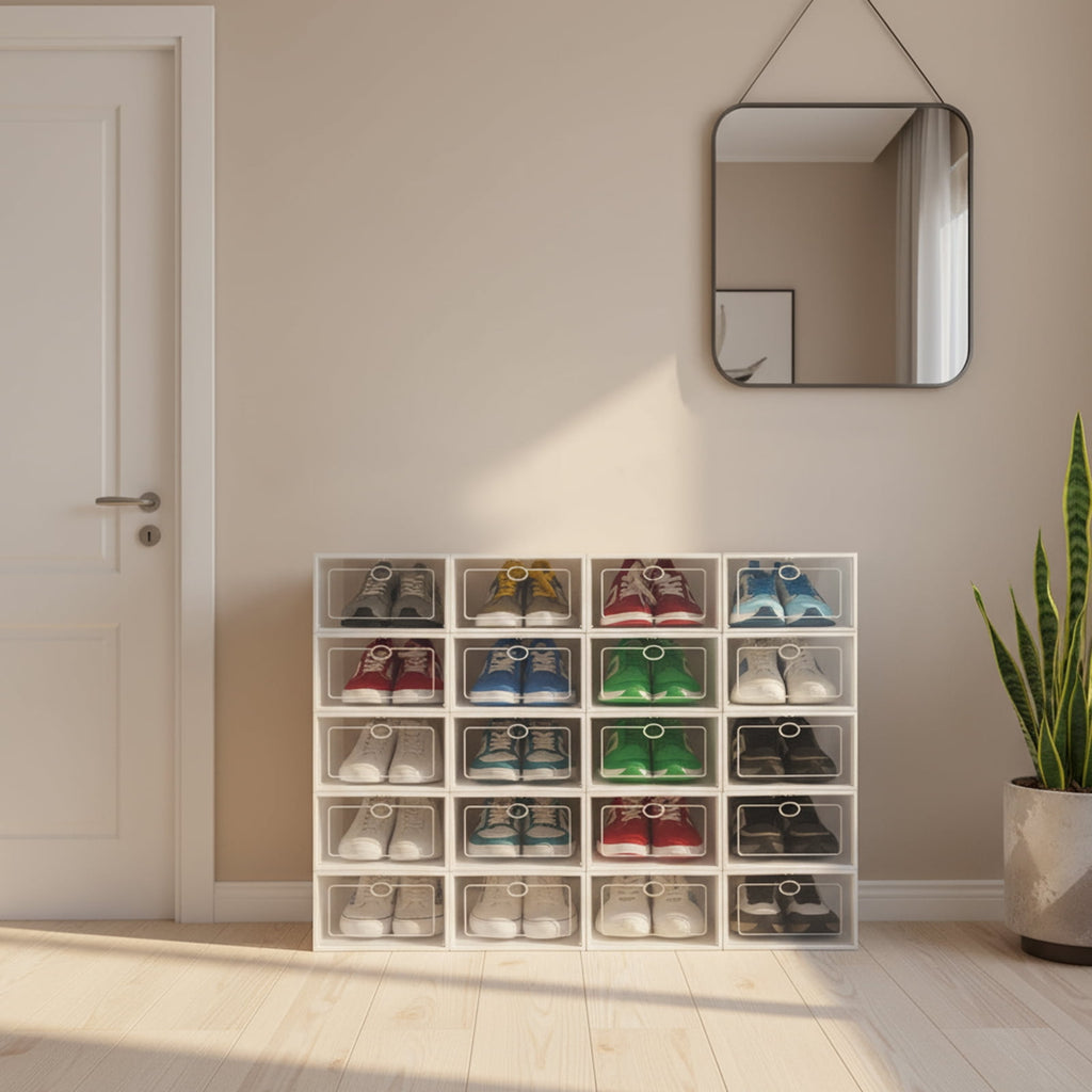 20-Pack Stackable Foldable Shoe Storage Boxes with Clear Front, Ventilated Plastic Shoe Organizer for Closet, Space-Saving Design – White