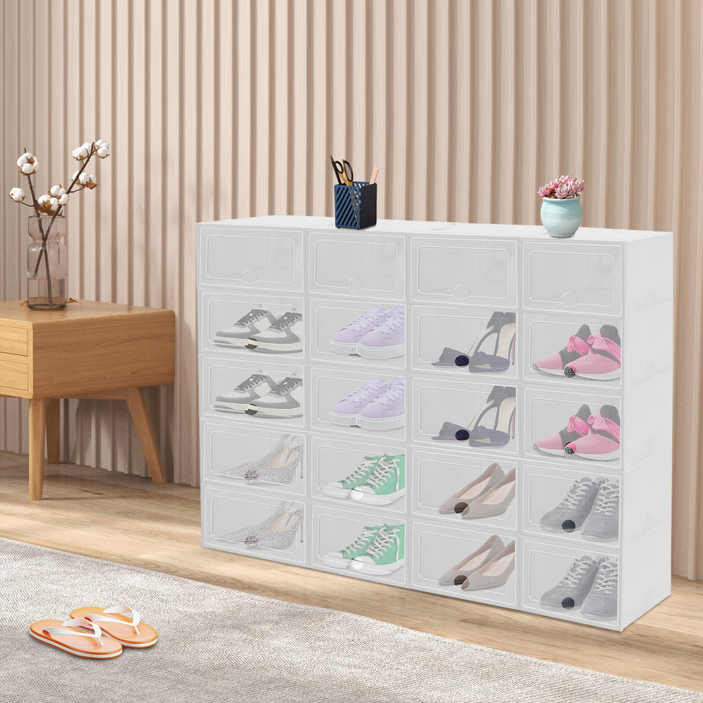 20-Pack Stackable Foldable Shoe Storage Boxes with Clear Front, Ventilated Plastic Shoe Organizer for Closet, Space-Saving Design – White