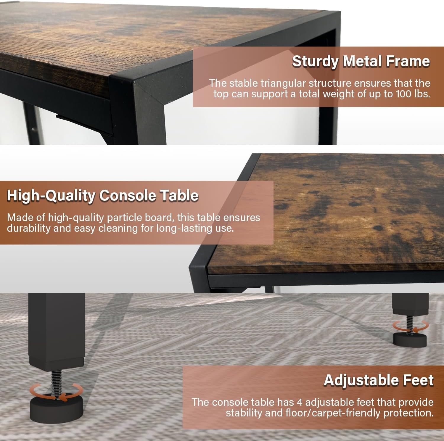 Industrial 33" Narrow Console Table, Sofa Table for Entryway, Living Room, Rustic Brown and Black