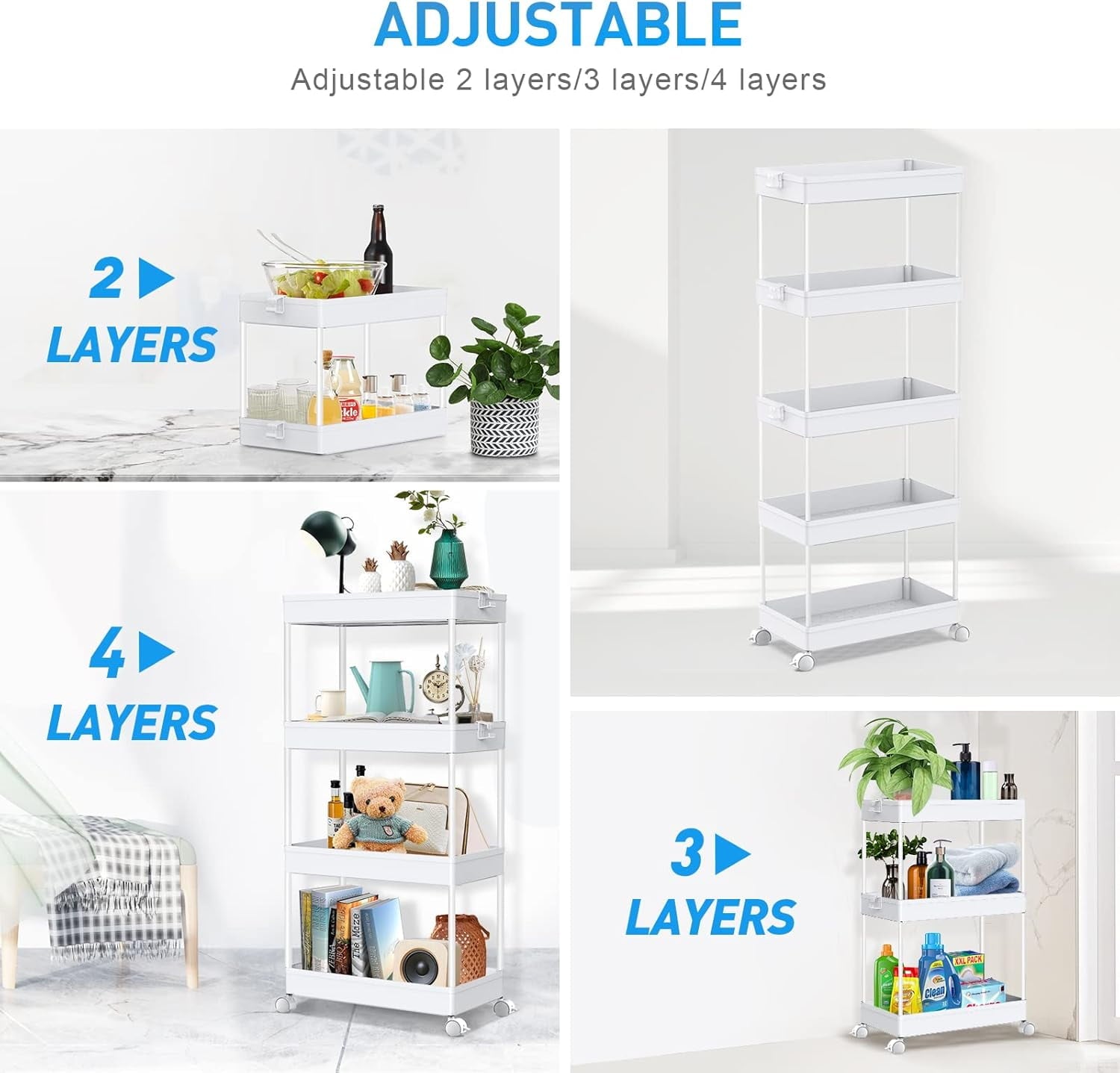 4/5  Tier Slim Rolling Storage Cart Bathroom Organizer Mobile Shelving Unit Utility Cart Tower Rack for Kitchen Laundry Narrow Places, White