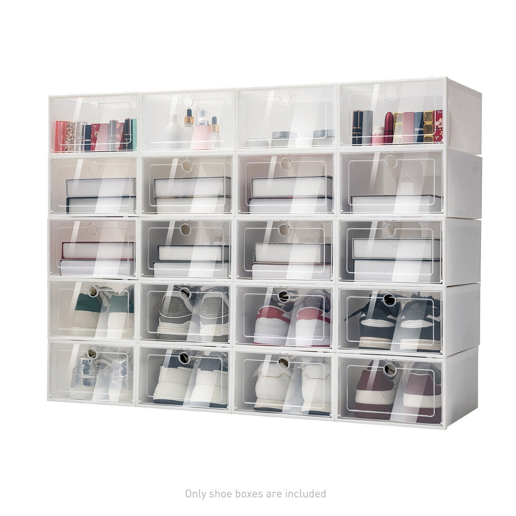 20 Pack Foldable Shoe Storage Boxes, Stackable Clear Plastic Shoe Organizer Space Saving Shoe Display Containers with Clear Lids