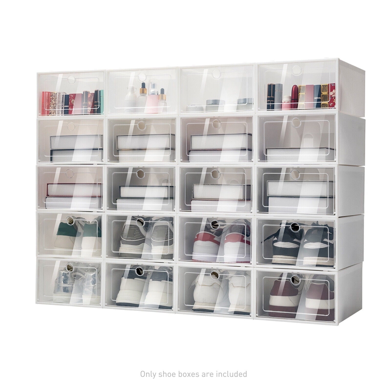 20 Pack Foldable Shoe Storage Boxes, Stackable Clear Plastic Shoe Organizer Space Saving Shoe Display Containers with Clear Lids