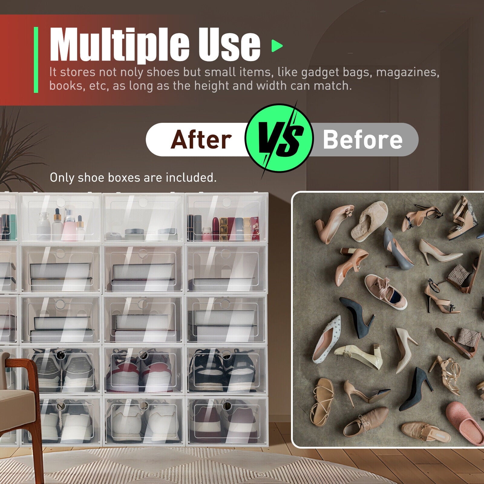 20 Pack Foldable Shoe Storage Boxes, Stackable Clear Plastic Shoe Organizer Space Saving Shoe Display Containers with Clear Lids